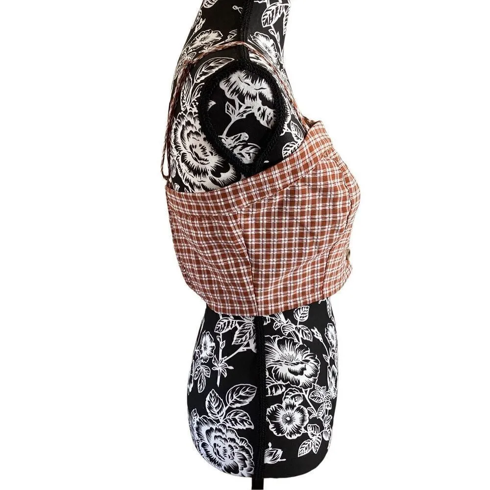 Lottie Moss Gingham Crop Top Spaghetti Straps Buttons Coastal Summer Beach - Image 5