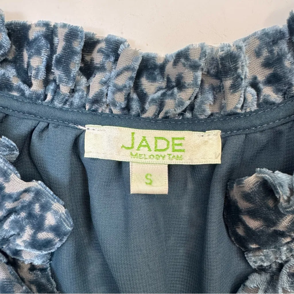 Jade Melody Tam Burnout Floral Romantic Blouse Top Velvet Small Bell Sleeves Blue - Image 9