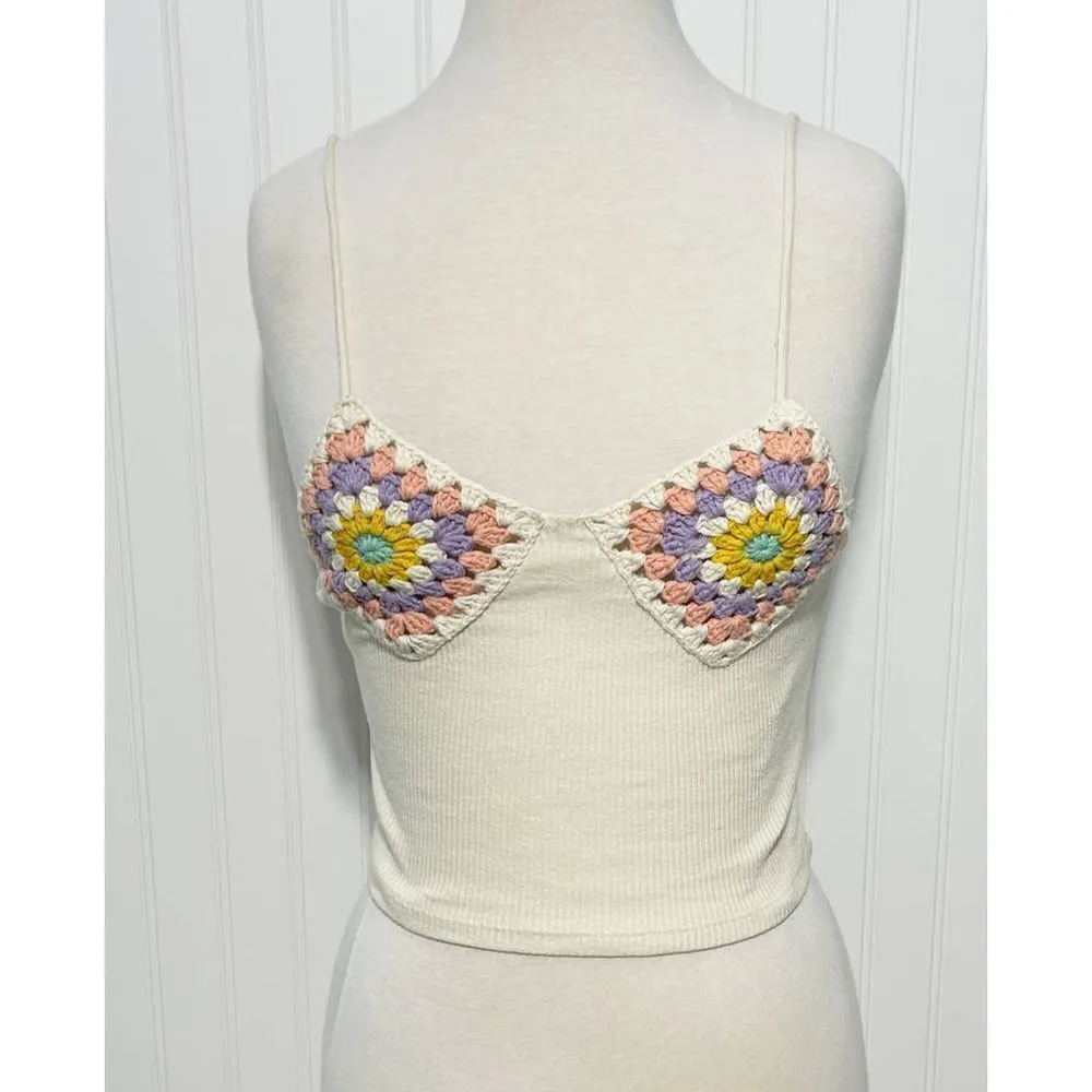 Zara Crochet Granny Square Ribbed Crop Tank Top Cream‎ Purple Size Medium Large - Image 13