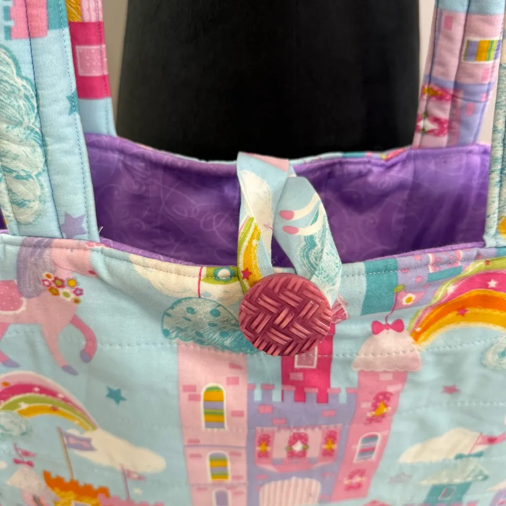 Handmade Quilted Tote Bag Castles Unicorns Fantasy Pink Purple Blue Large Purse - Image 3