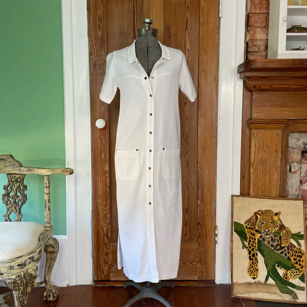 Vntg 80s Ezze Wear White Wide Wale Corduroy Button Down Dress w/ Pockets Sz S - Image 2