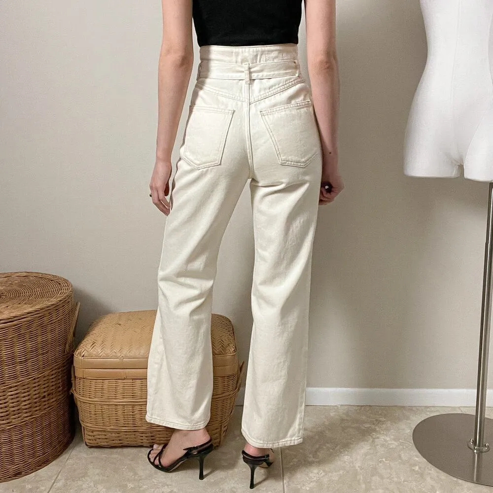 mango paper bag tie waist belted straight jeans pants ecru cream - Image 5
