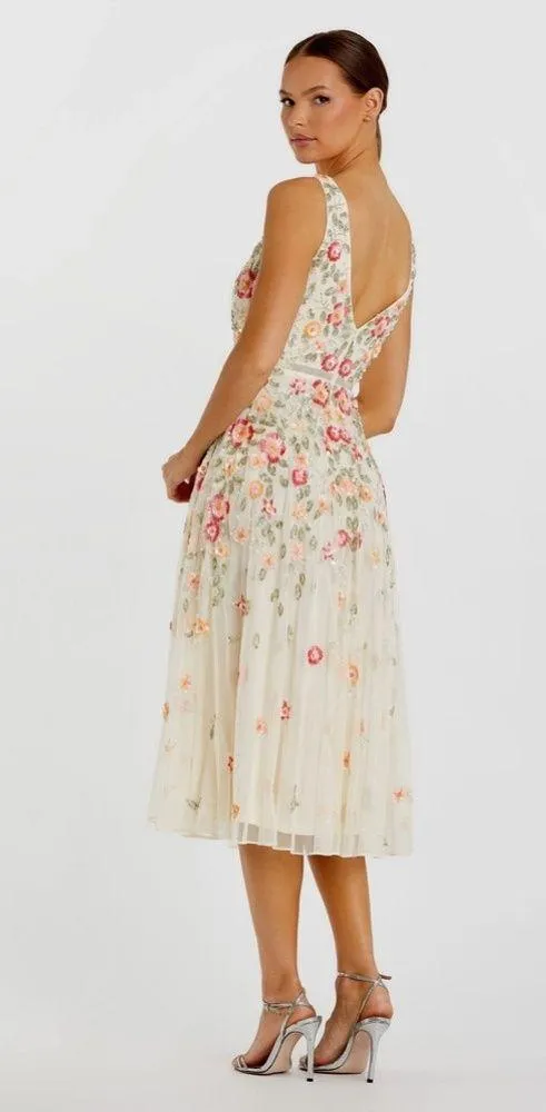 MAC DUGGAL Beige V Neck Sleeveless Midi Floral Beaded A Line Dress 6 - Image 4