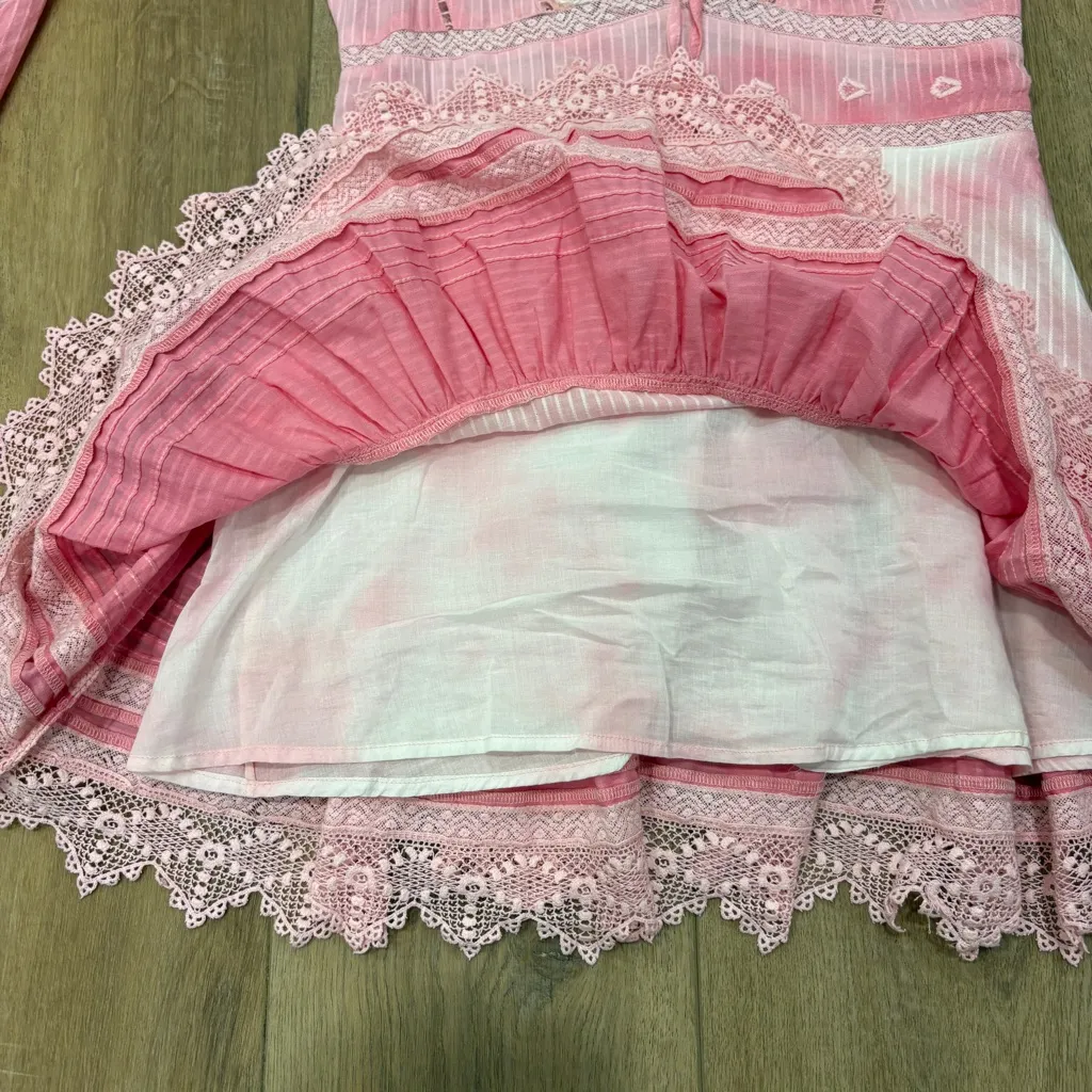 🌟LOVESHACKFANCY🌟 CHELIE EMBROIDERED BOHO DRESS FIT & FLARE PINK WHITE SZ 6 - Image 11