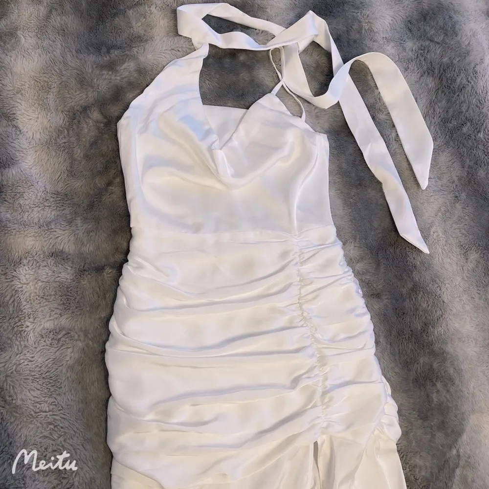 White Satin Asymmetrical Choker Ribbon Bodycon Slit Maxi Evening Wedding Dress - Image 7