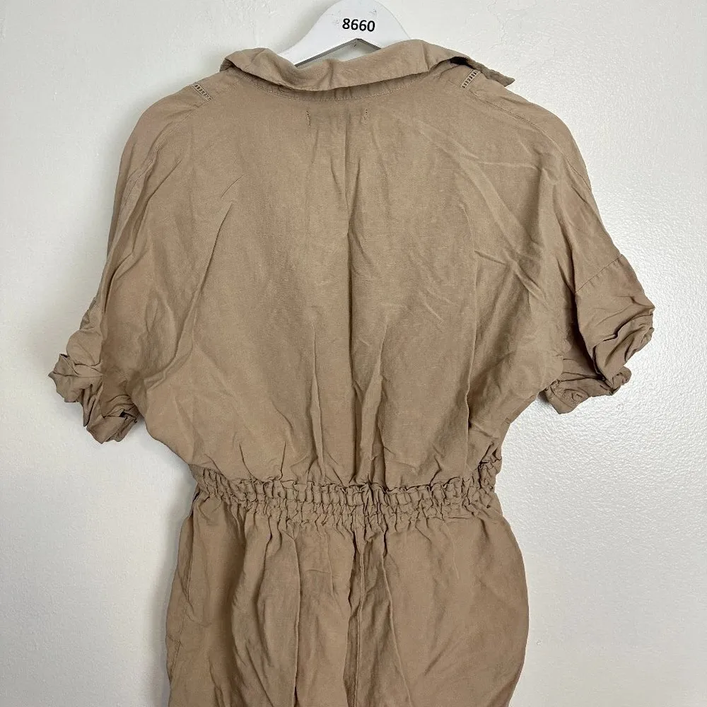BLANK NYC Linen Blend Button Up Romper in Tan Size Medium - Image 9