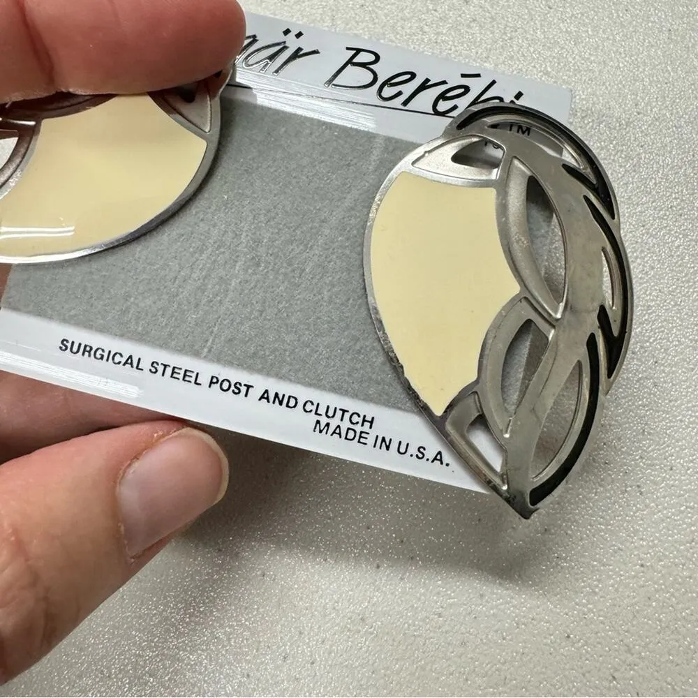 Vintage Edgar Berebi Ywllow Enamel Silver Tone Earrings Pierced Artsy 1980s Yellow - Image 3