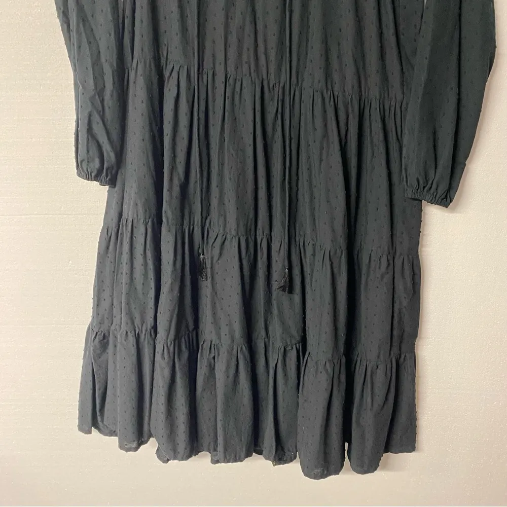 NATALIE MARTIN BLACK Small COTTON LONG SLEEVE TIERED MAXI DRESS Tassel V Neck - Image 5