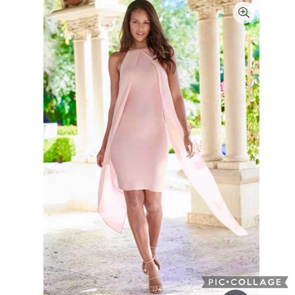 Venus Dress Halter Midi Pink Bandage Pink Chiffon Overlay 18 Cocktail Party Glam - Image 4