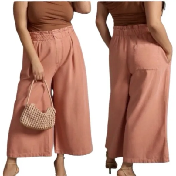 Pilcro Anthropologie Peach/ Pink Culotte Wide Leg Cropped Paperbag Jeans Small - Image 3
