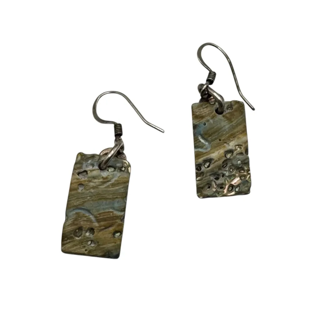 Abalone Shell Rectangle Dangle Earrings Iridescent Silver Tone Black - Image 4