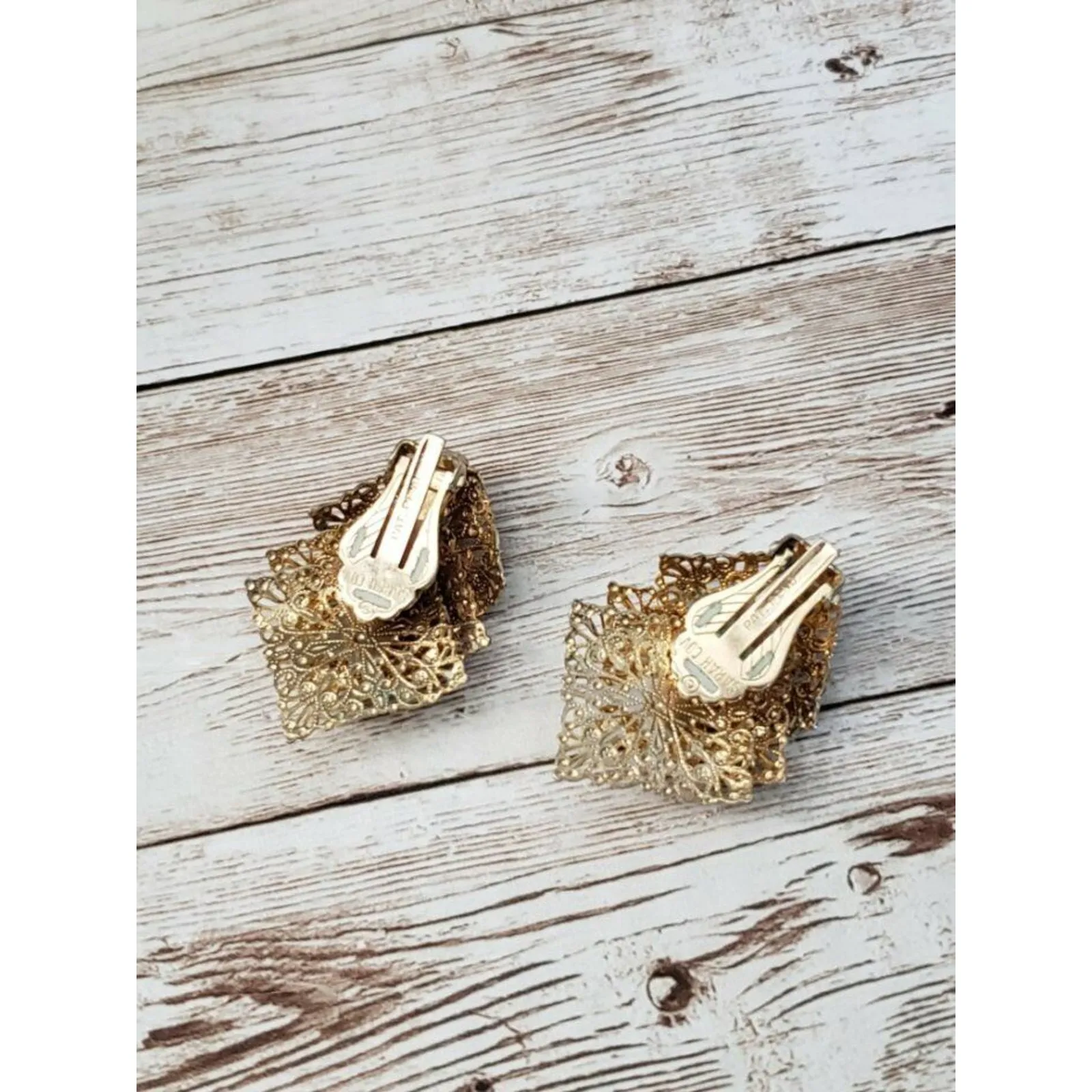 Vintage Sarah Coventry Clip On Earrings Layered Diamond Shape Gold Tone Trio - Image 3