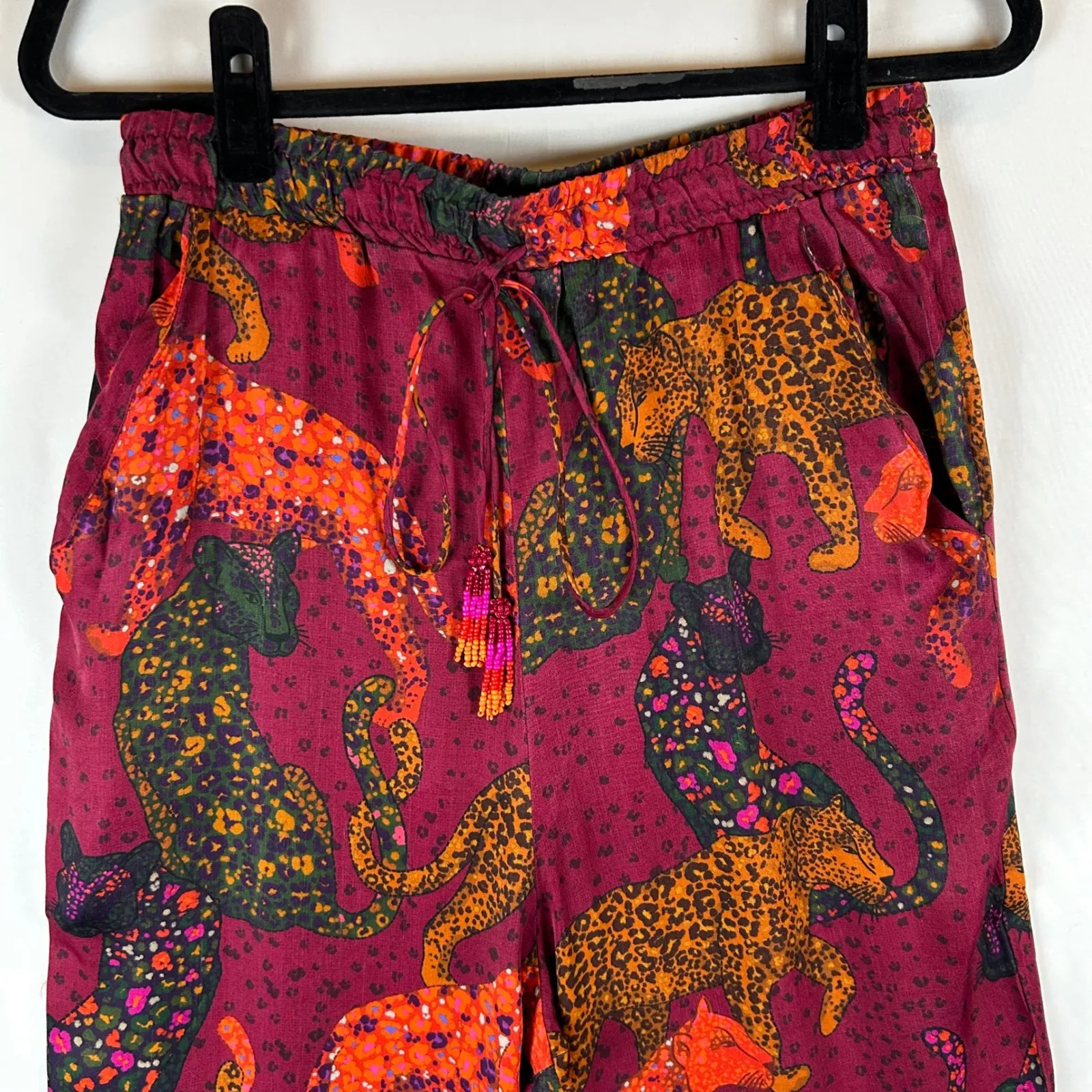 FARM Rio Leopard Print Wide Leg Pants Women's M Burgundy Drawstring Tassel - Image 8