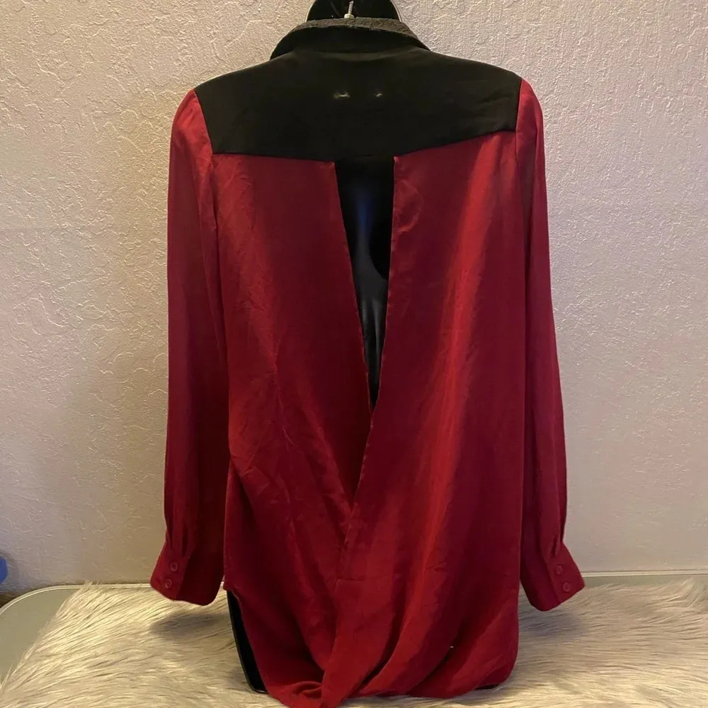 Rue21 Women's Pink Black Button-Up High-Low Shirt Small Lace Pocket Detail Sheer - Image 14