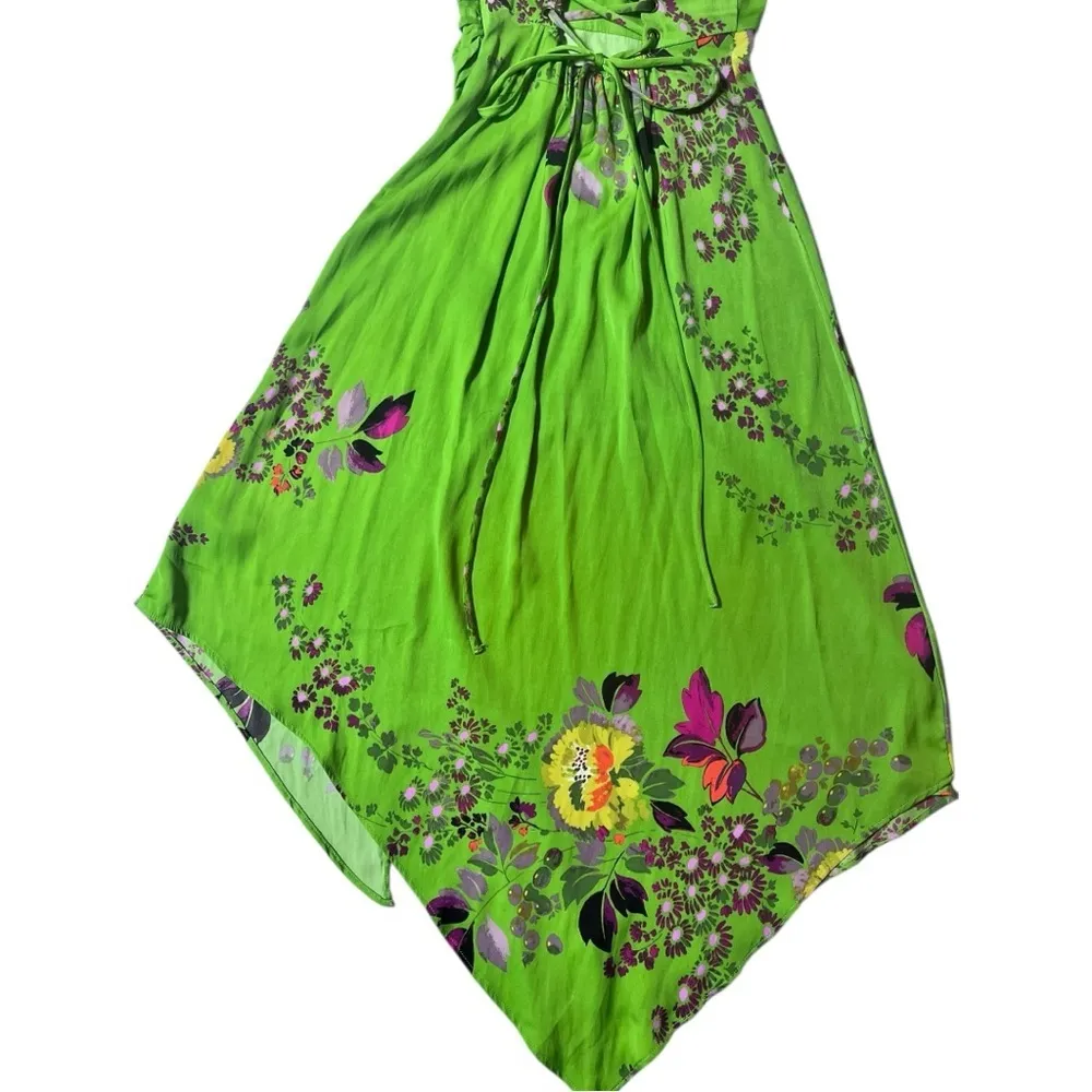 Y2K Urban Outfitters Pricilla Lace Up Green Floral‎ Satin Dress XS Romantic Boho - Image 7