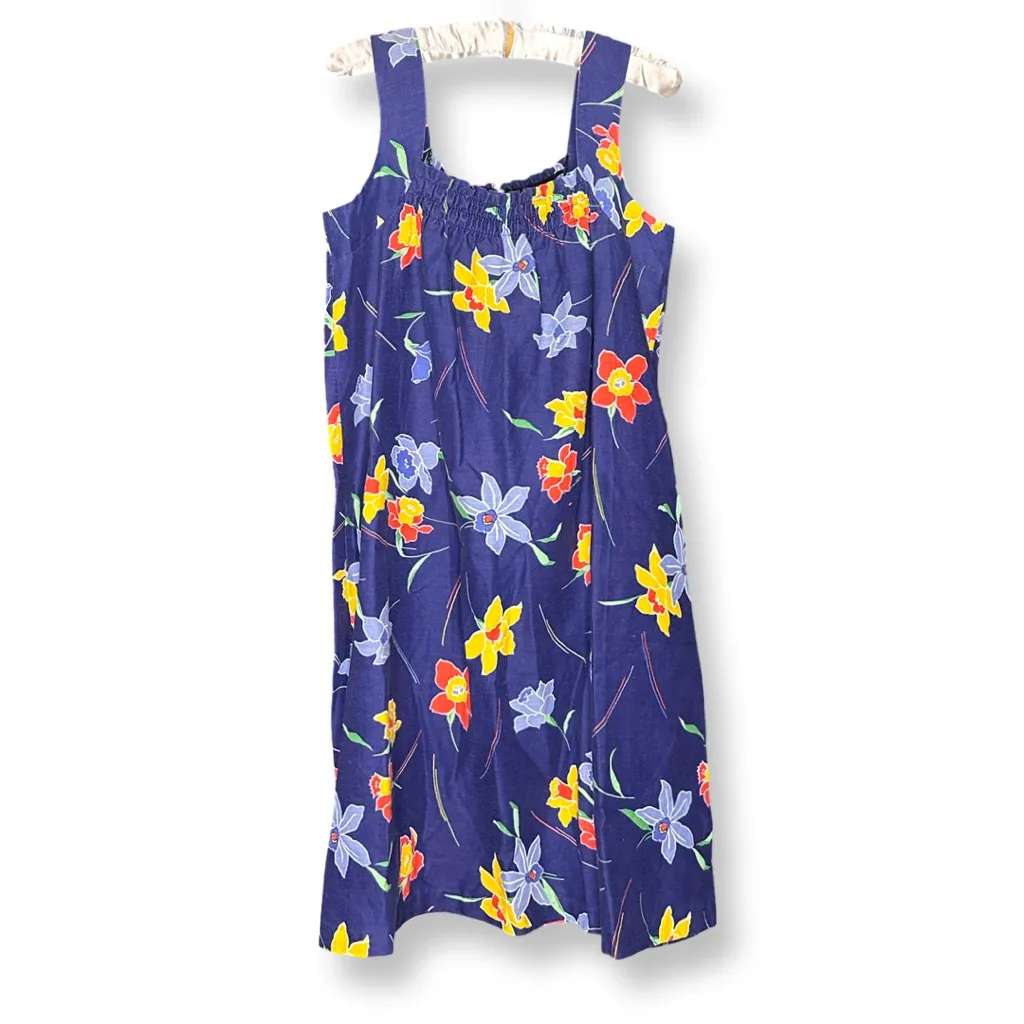 Vintage Smocked Cotton Floral Sun Dress Sz L Blue Size L - Image 2