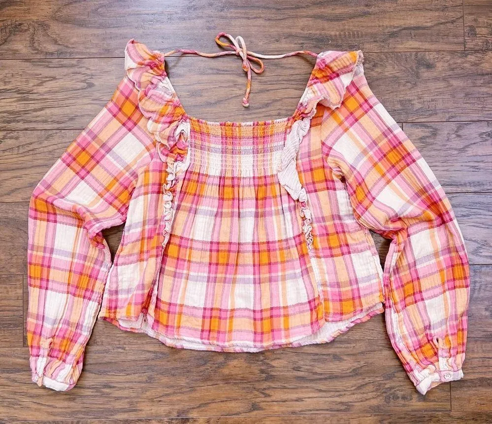 Free People • Siena Plaid Pullover top blouse orange pink smocked peasant - Image 13