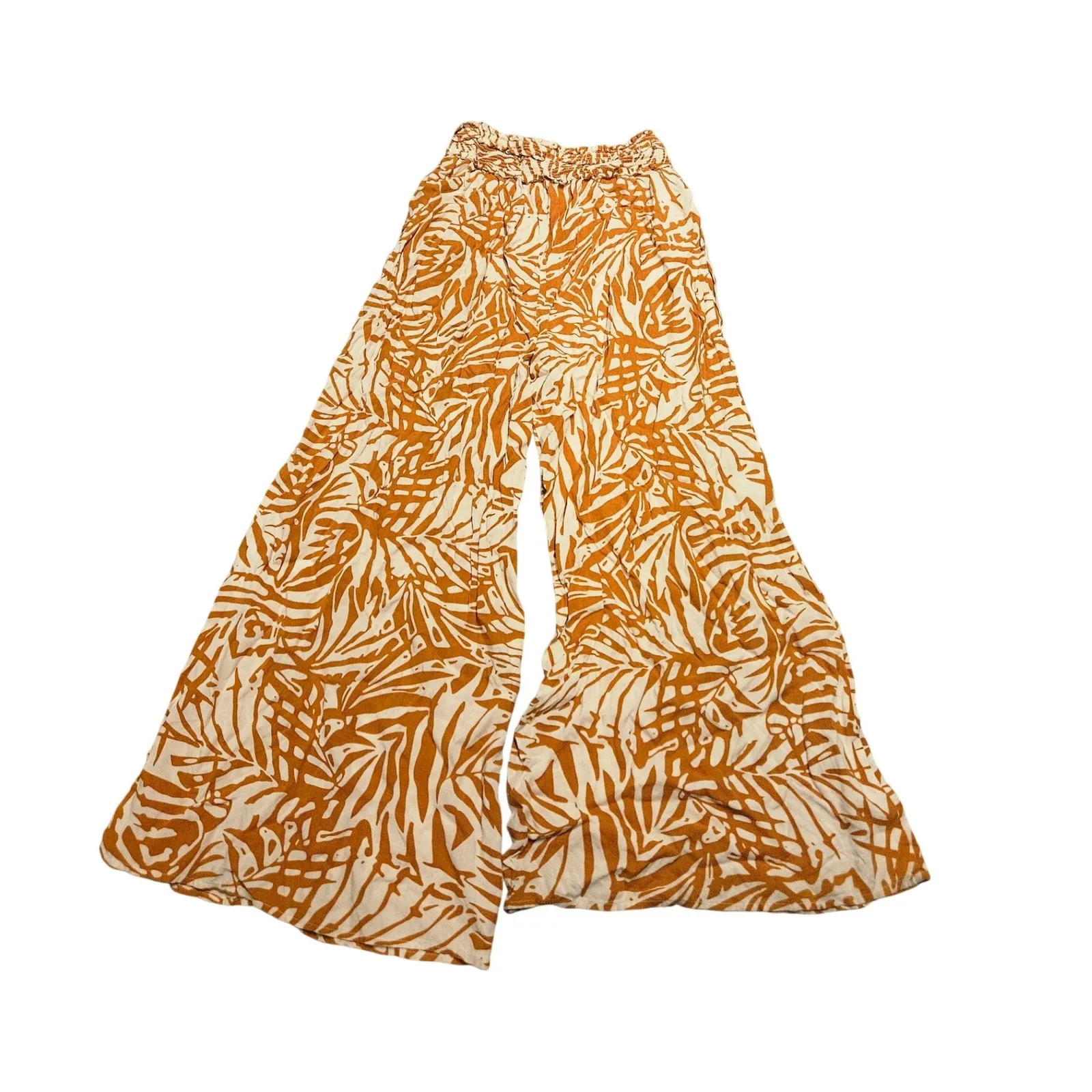 Patrons Of Peace Wide Leg Pants Women's L Orange White‎ Leaf Print Smocked Waist - Image 3