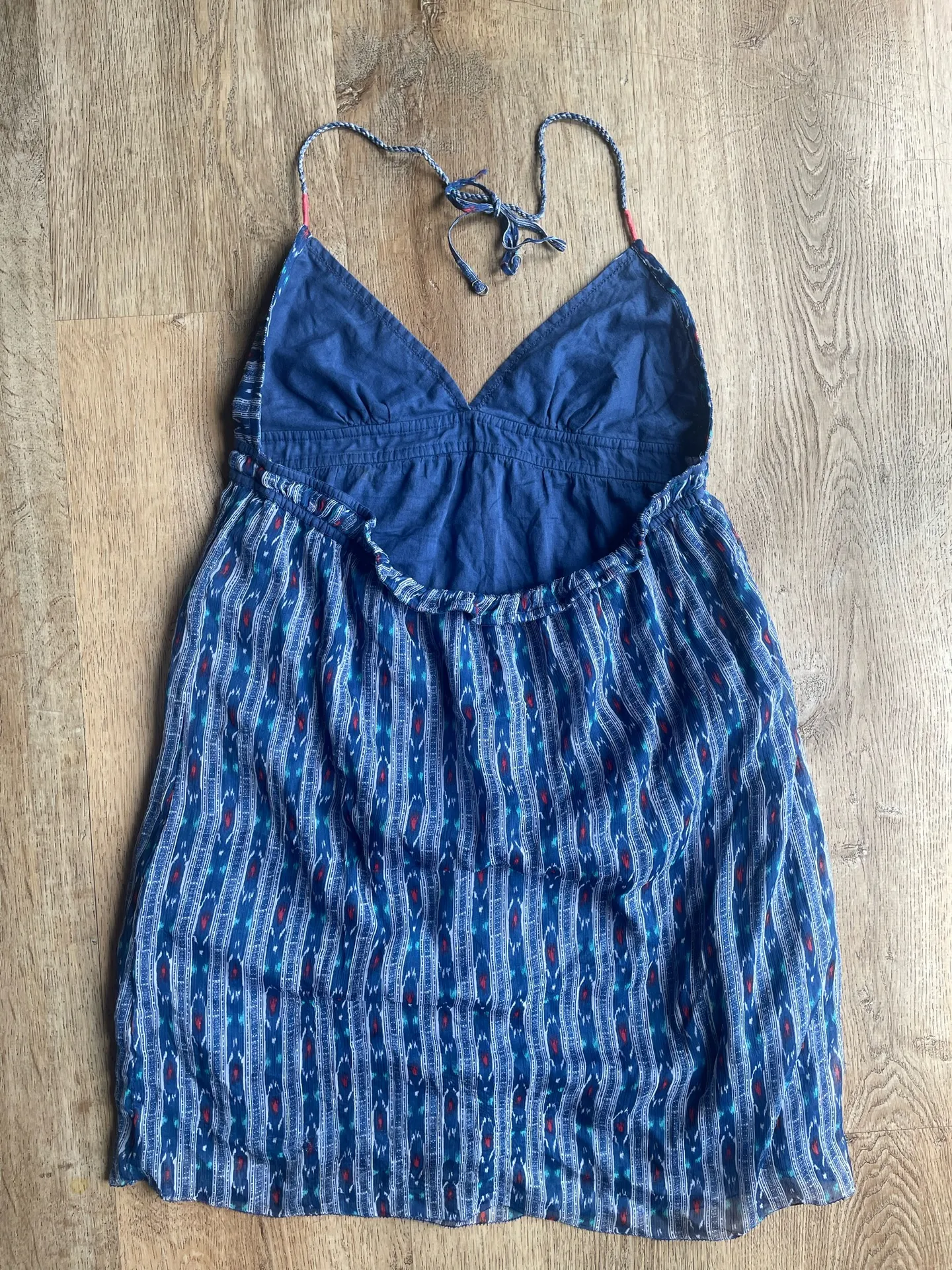 Aerie Blue Ikat Print Halter Mini Dress Size M Boho Sheer Lined Festival Beachy Vibes - Image 3