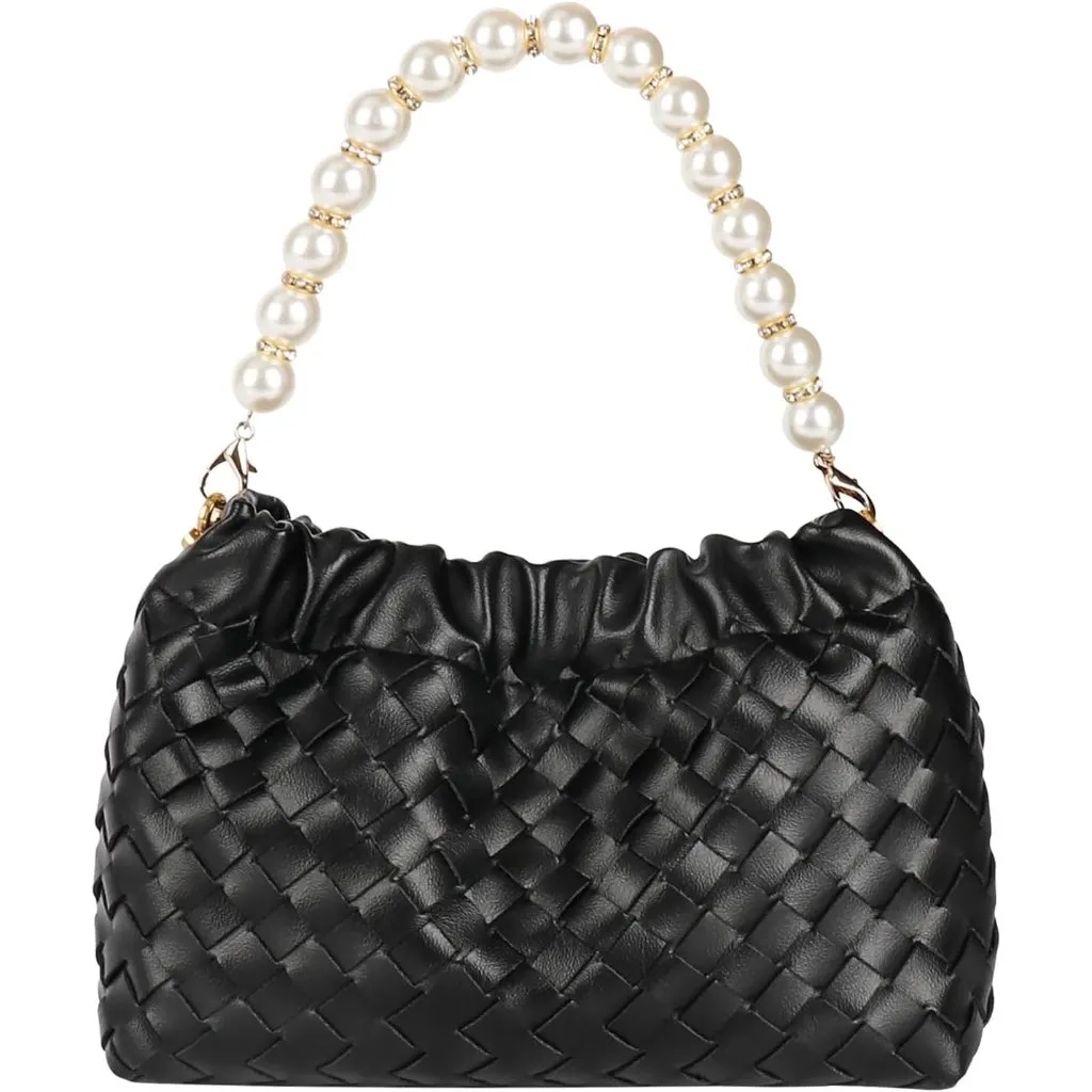 ⚡ Women's Leather Dumpling Pearl Chain Evening Black Crossbody Clutch Bag - Image 2