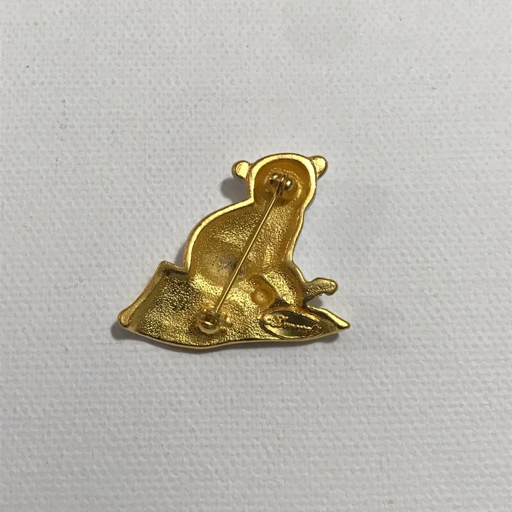 Danecraft Gold Tone Cute White Enamel Polar Bear Brooch Pin Black Clear Crystals - Image 2