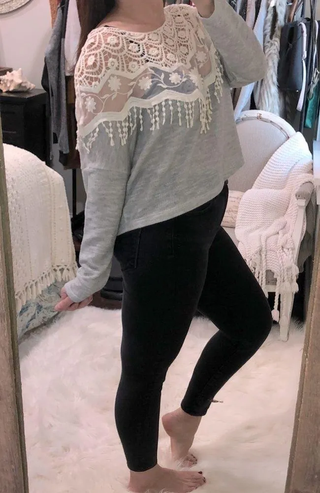 Sage size medium grey crochet boho sweatshirt - Image 2