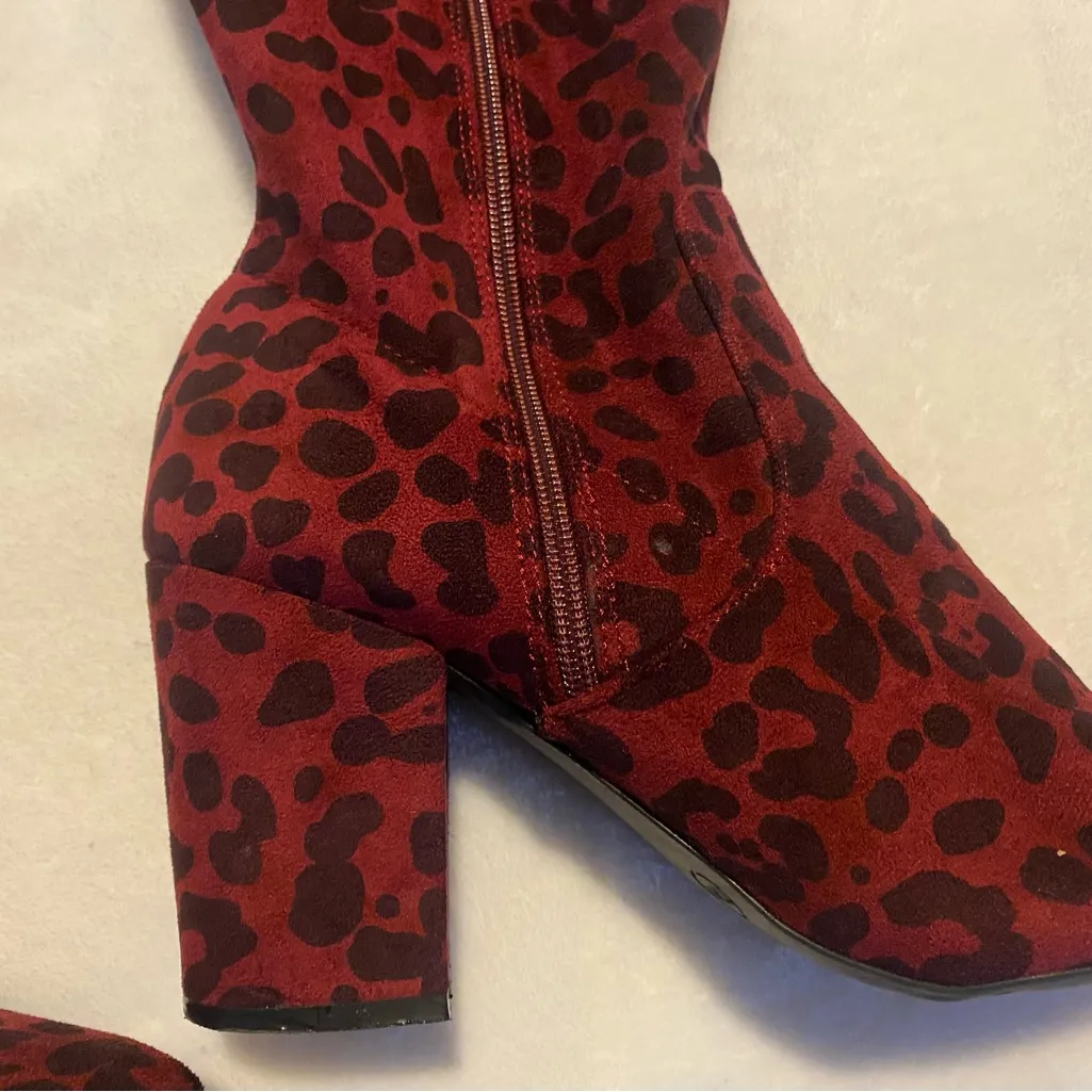 Torrid 11WW Burgundy Red Animal Print Leopard Over The Knee Faux Suede Boots - Image 10
