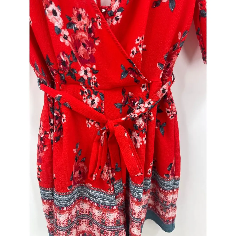 TRIXXI Bright Red Floral Boho Short Romper Size Small - Image 2