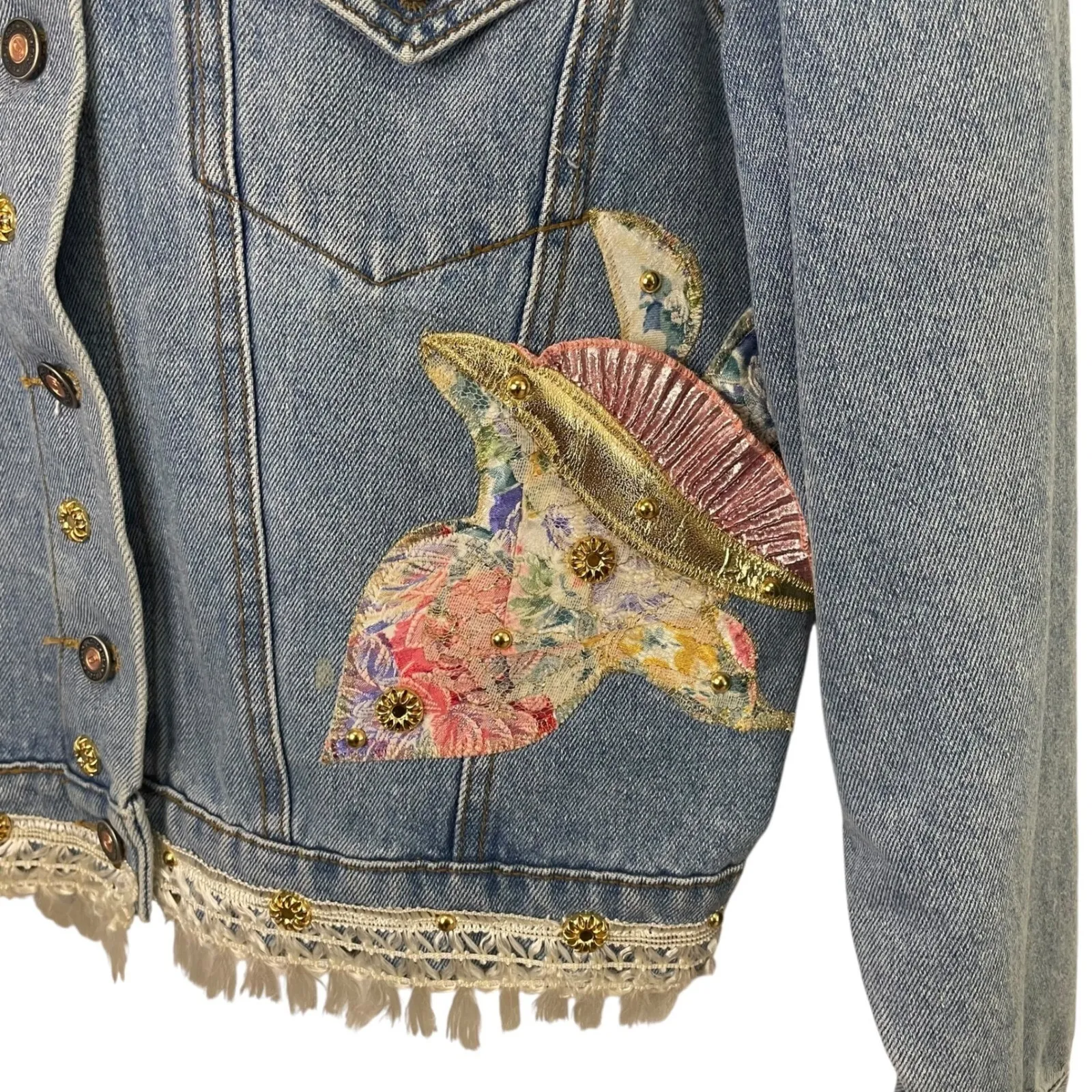 Gazoz 80s Embellished Denim Jacket‎ Floral Applique Lace Trim Unique Vintage M Blue Size M - Image 3