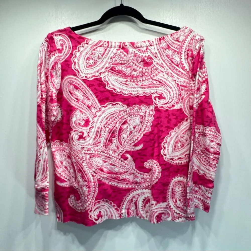 Jones New York Hot Pink & White Paisley 100% Cotton 3/4 Sleeve Waist Length Top - Image 4