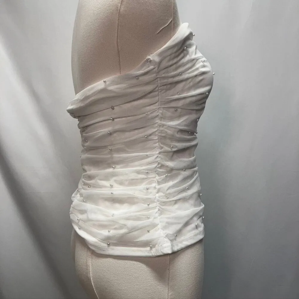Lulus Flirty Glamour White Mesh Pearl Strapless Crop Top Juniors XL Stretchy - Image 3