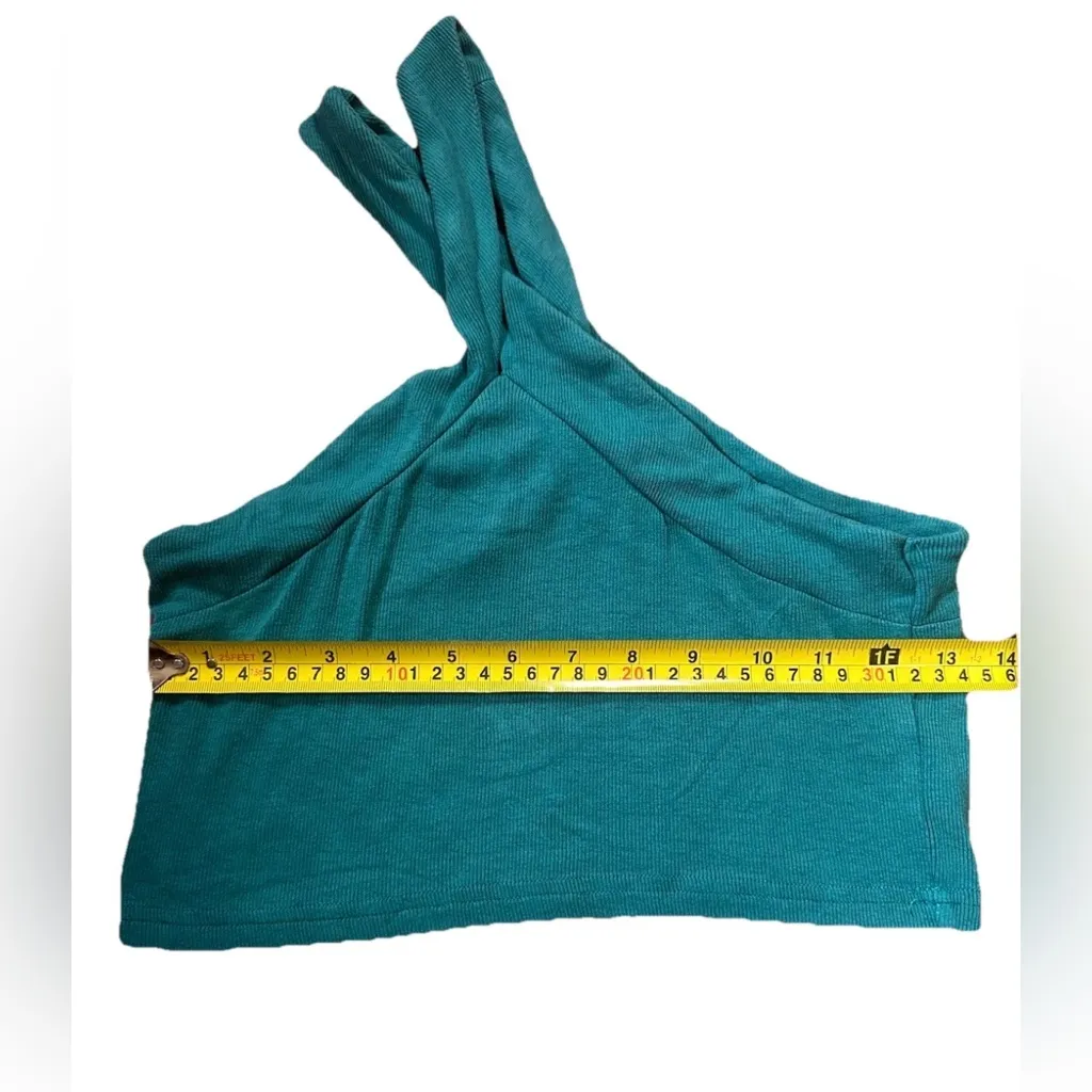 NWOT POL Medium Crop Top Ribbed Cross Cross Neckline Stretchy Cropped Teal - Image 4