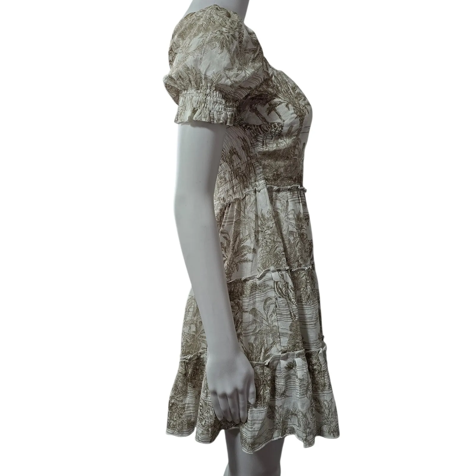 Luisa Positano Italy Linen Tiered Dress Puff Sleeve Toile Print OS Beach Cottage Tan - Image 4