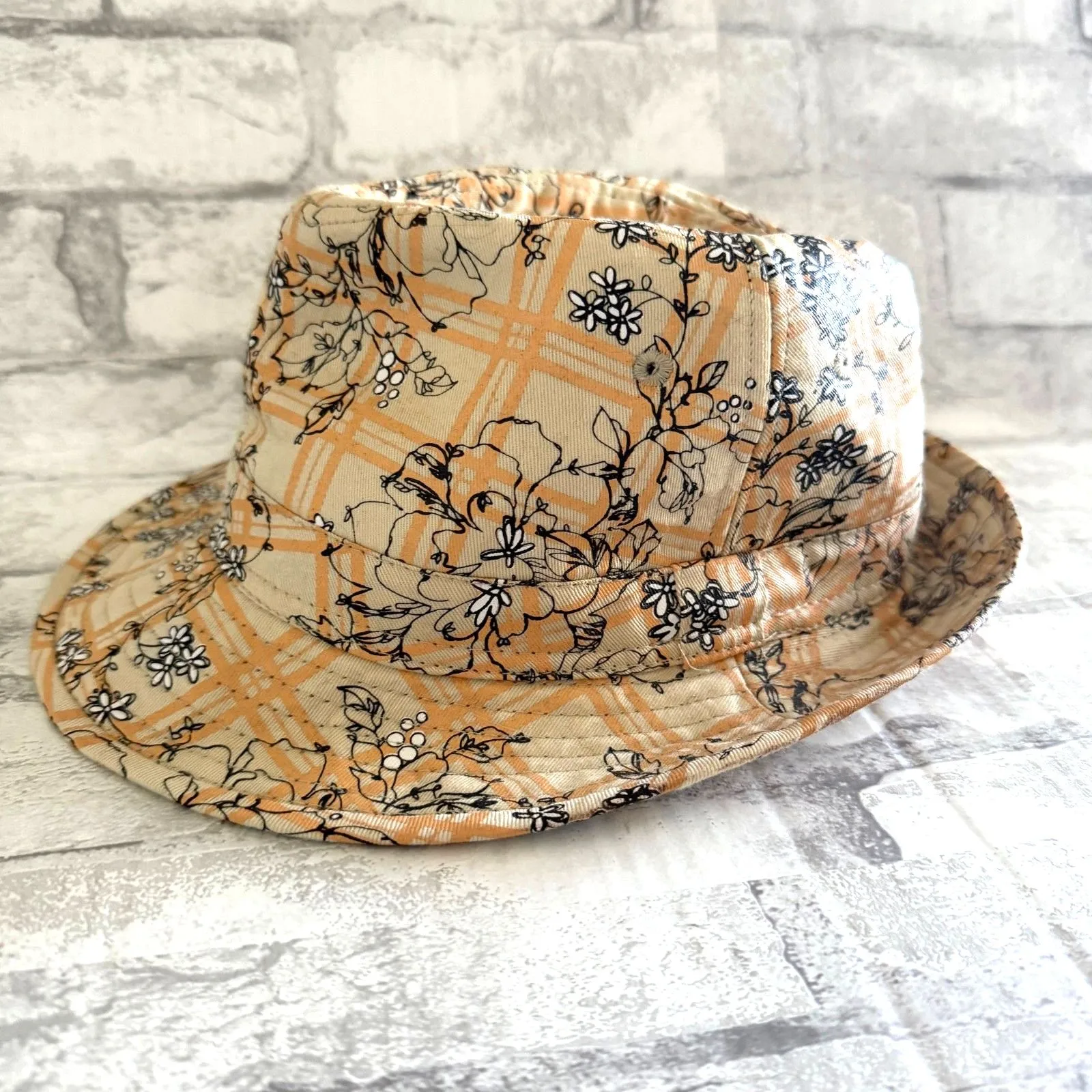 Floral Print Cotton Fedora Hat Summer Boho Festival Style Wide Brim Cap Orange - Image 3