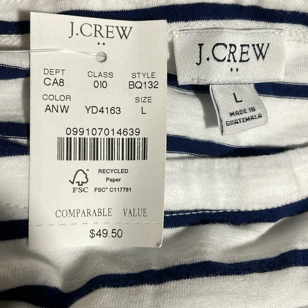 JCrew Factory Boatneck Tee Shirt Long Sleeve Stripe Navy Blue/White L(12 - Image 3
