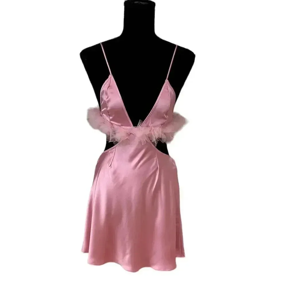 NEW- NWT For Love & Lemons Pink Satin Slip Mini Dress Sz S - Image 6