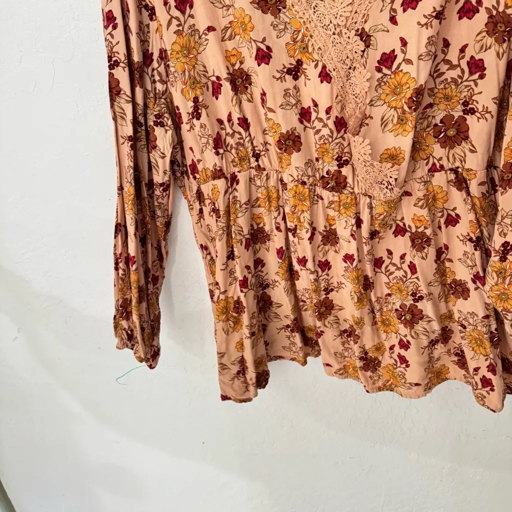 Bloomchic Floral Orange Pink Lace Babydoll Long Sleeve Blouse Plus Size 22/24 - Image 4