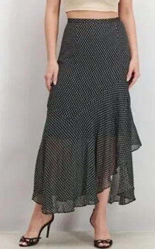 Avec Les Filles Black White Polka Dot Ruffle Asymmetrical Midi Skirt Size 12 - Image 1