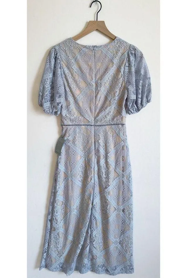 NSR Short Puff Sleeve Knit Lace Overlay Midi Dress Light Blue Cream Size S - Image 5