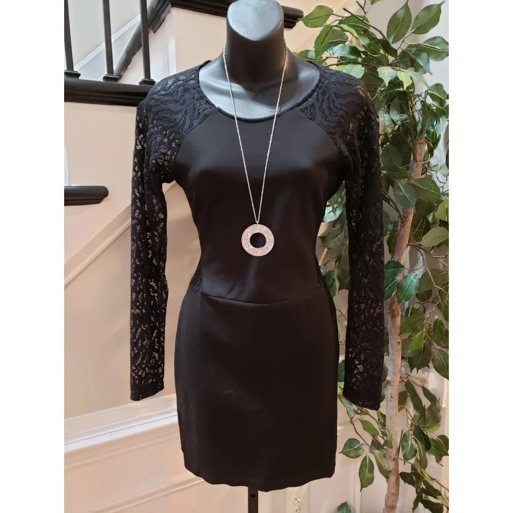 Parker Naomi Black Lace Trem Round Neck Back Zip Long Sleeve Sheath Dress Large - Image 13