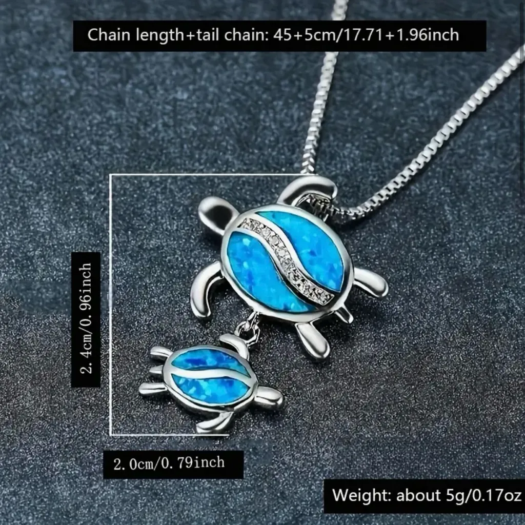 Silver Plated Tear Drop Opal‎ Turtle Parent Child Pendant, Minimalist Necklace - Image 5