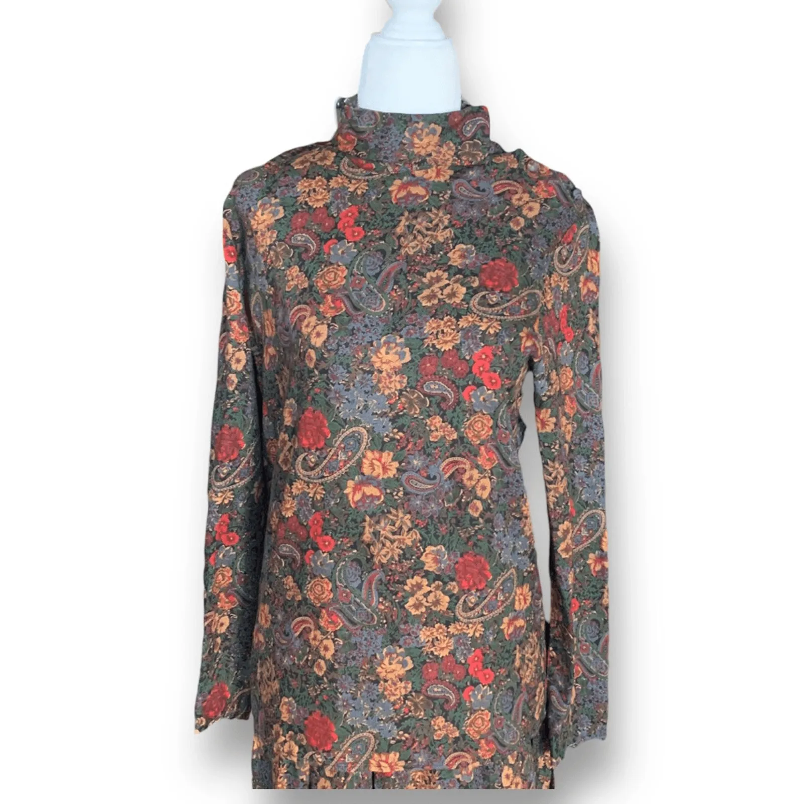 Vintage 90s Talbots Paisley Floral Skirt Set Mock Neck Midi Size 4 Dark Romance Red - Image 2