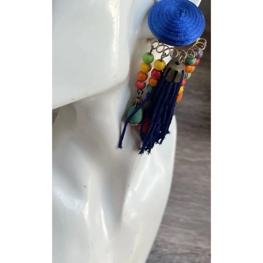 Vintage Earrings Large Long Blue Multi Color Boho Circle Clip On Fringe 80s 90 - Image 5