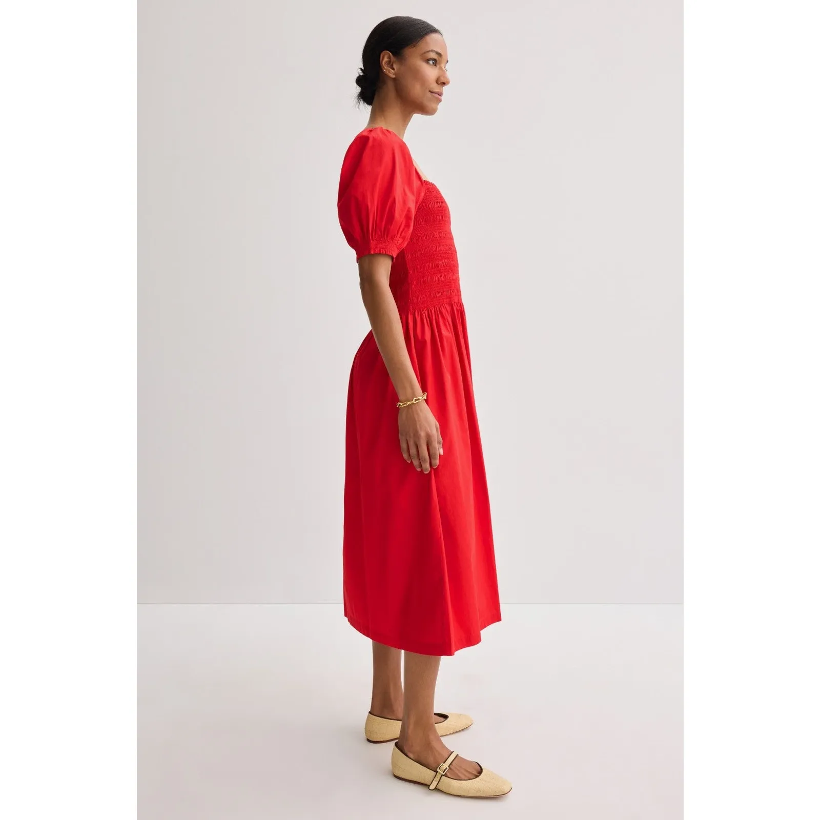 Madewell Smocked Puff Sleeve Midi Dress in Poplin Cerise Size XS NWT Cottagecore - Image 4