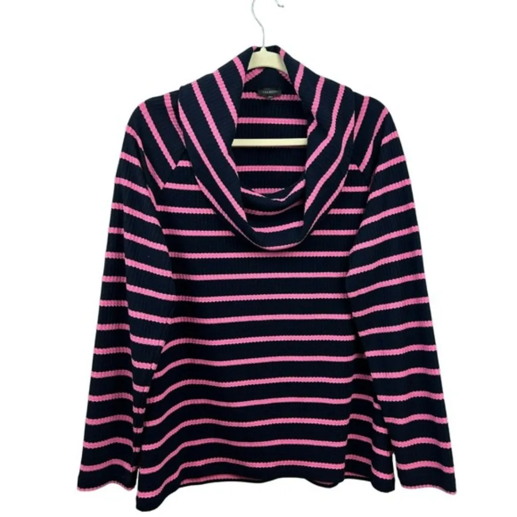 Talbots Navy Blue & Pink Striped Waffle Knit Cowl Neck Long Sleeve Top - Image 2