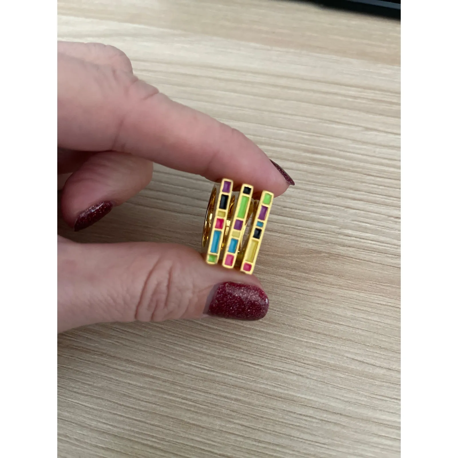 Noir Three Stackable Rings with Colorful Enamel, Size 7 Gold - Image 2