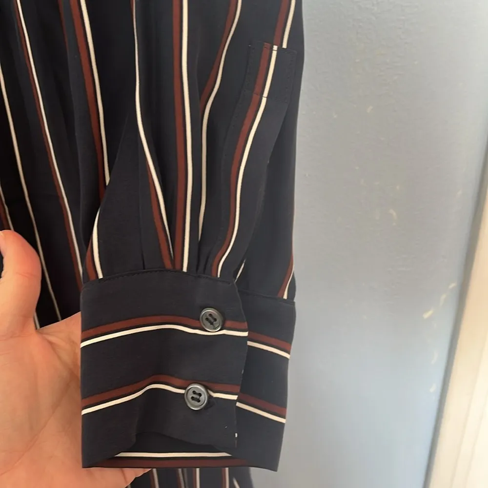 Frame 100% Silk Navy Vintage Stripe Long Sleeve Button Up Midi Dress - Image 8