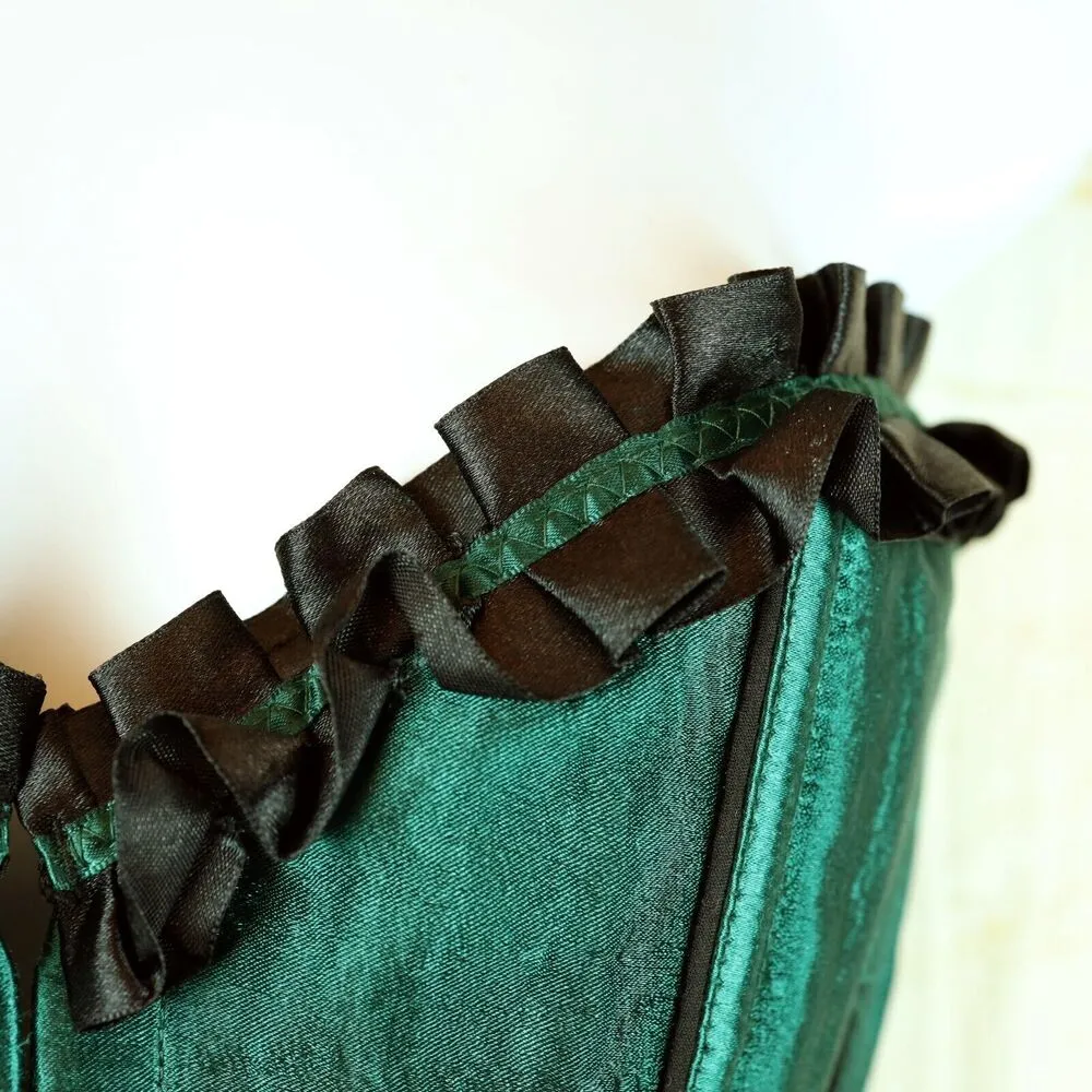 Overbust Corset Womens L Green Satin Black Trim Boned Halloween Cosplay Goth Size L - Image 8