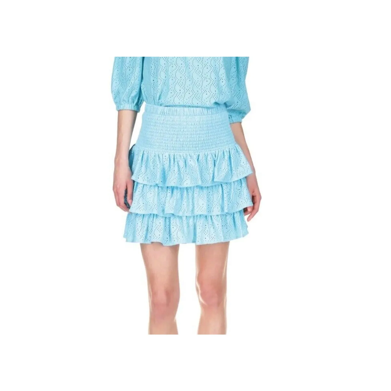 Michael Kors Tiered Ruffle Eyelet Skirt Smocked Waist Blue Medium NWT - Image 2