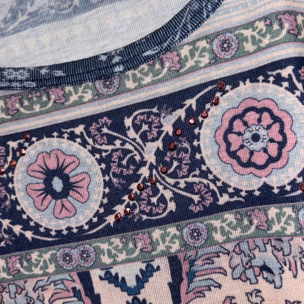 ONE WORLD Blue and Pink Mandala Short Sleeve Top with Pink Rhinestones - Image 3